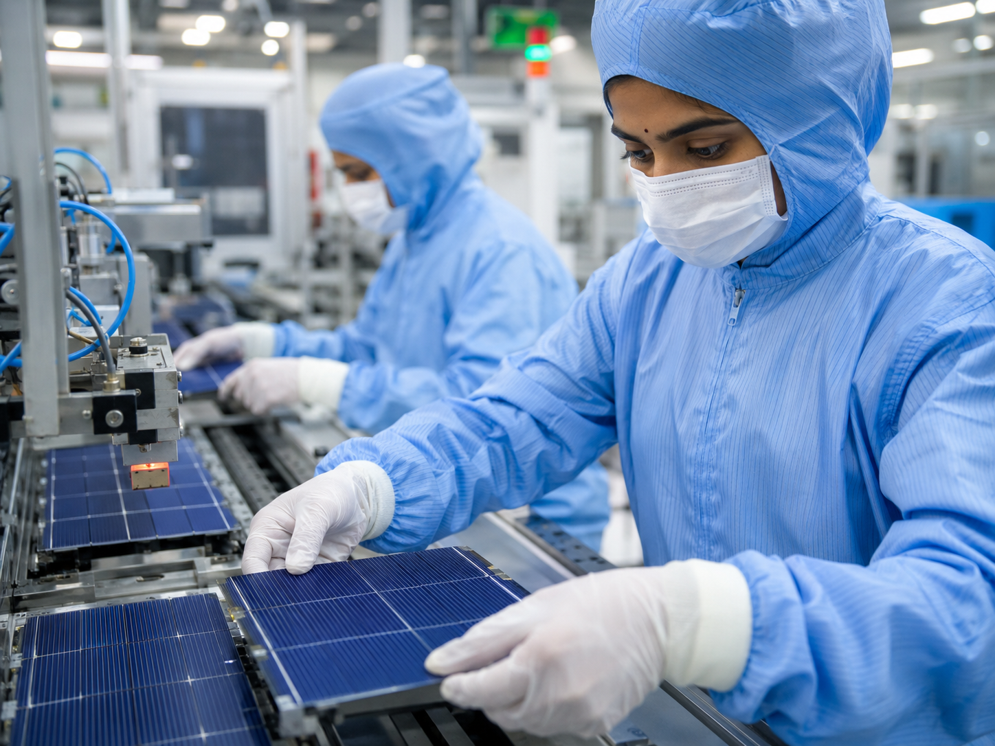 Solar PV cells being manufactured at an Indian facility for ALMM List-II compliance