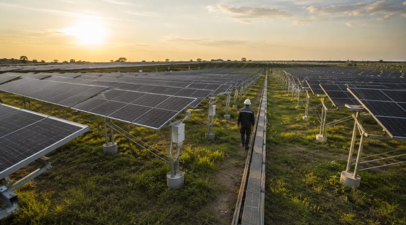 Large-scale ground-mounted solar farm installation by OSG Oriana India, featuring rows of panels for utility and commercial solar projects