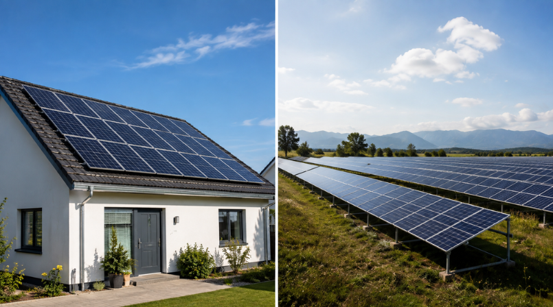 Comparison illustration of rooftop versus ground-mounted solar systems by OSG Oriana India, highlighting key differences in design and scale