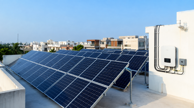 OSG Oriana India residential rooftop solar installation with unshaded solar panels and high-efficiency string inverter