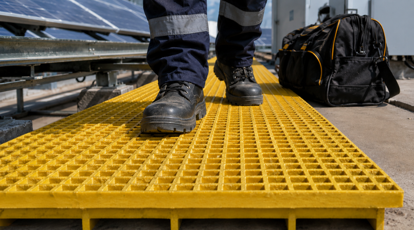 Solar FRP walkway supporting technician weight, rated for 250 kgsq.m load carrying capacity
