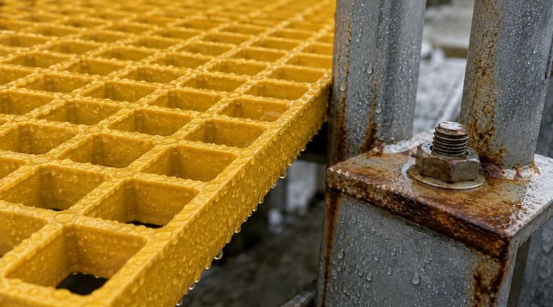 Solar FRP walkway showing high corrosion resistance compared to rusting metal components