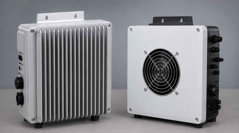 Comparison of fanless natural convection cooling versus forced-air fan cooling in solar inverters