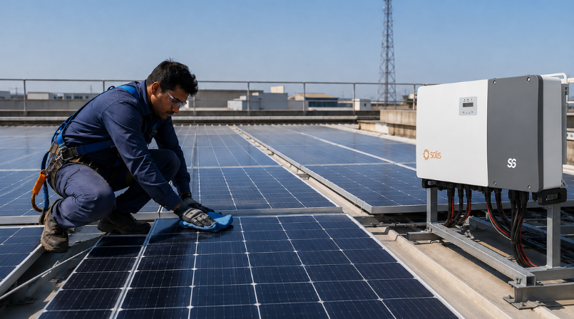 Technician performing routine O&M on a commercial solar installation