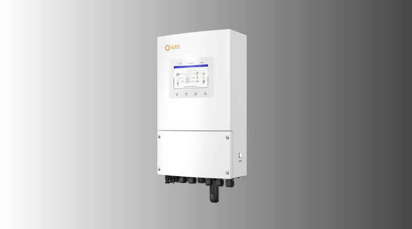Front angled perspective shot of a single Solis S6 hybrid residential solar inverter showing its compact chassis design, lower wiring terminals, and Solis branding.