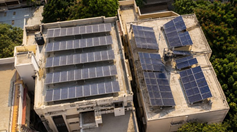 Rooftop solar panels installed at different tilt angles and orientations