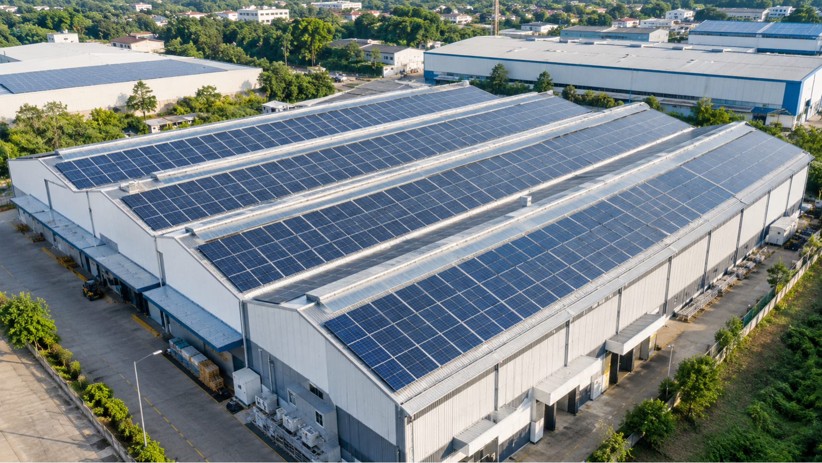 Warehouse rooftop with multiple solar panel sections at different angles