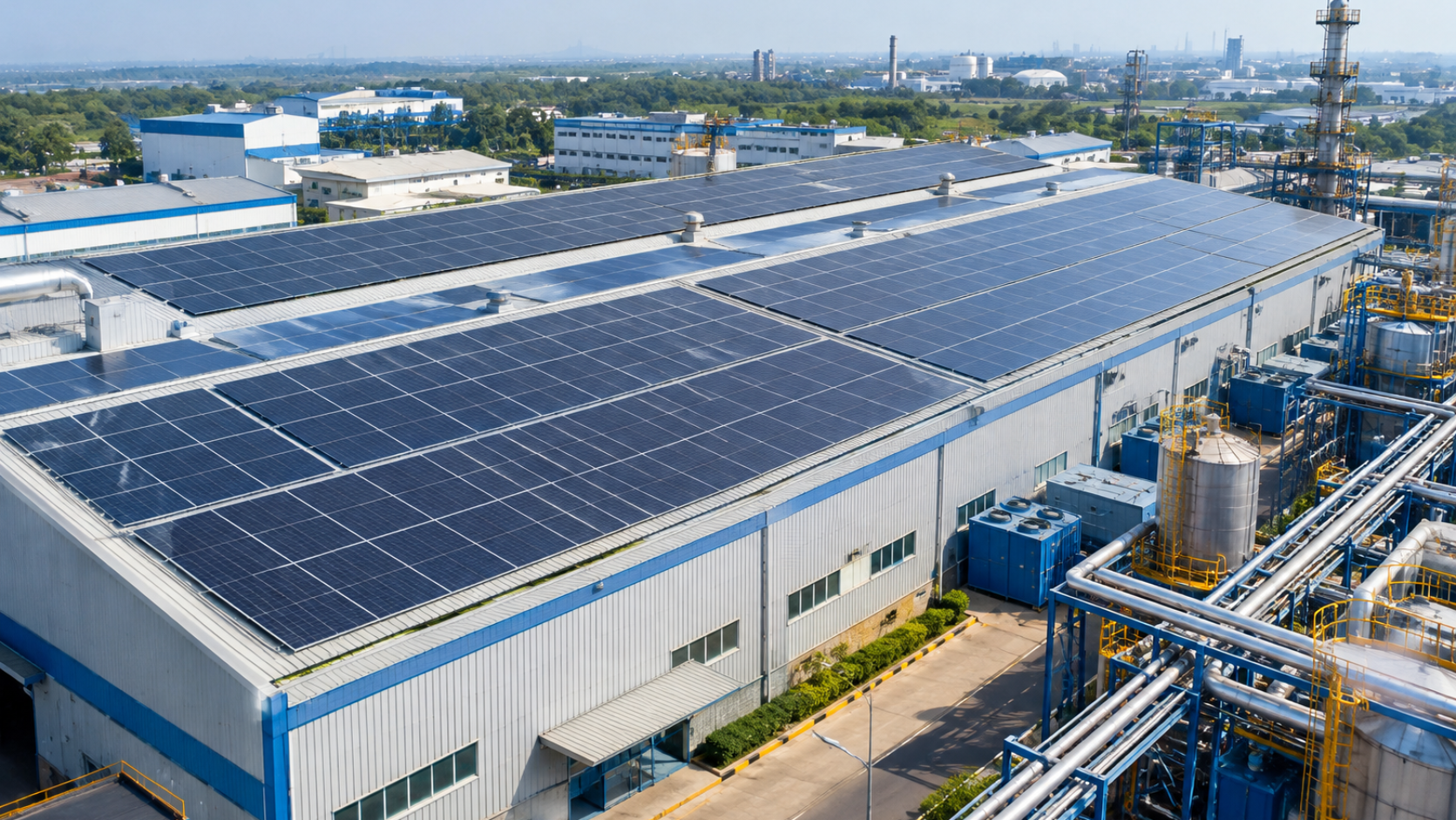 Industrial factory rooftop with a large-scale solar installation and nearby machinery and pipework.