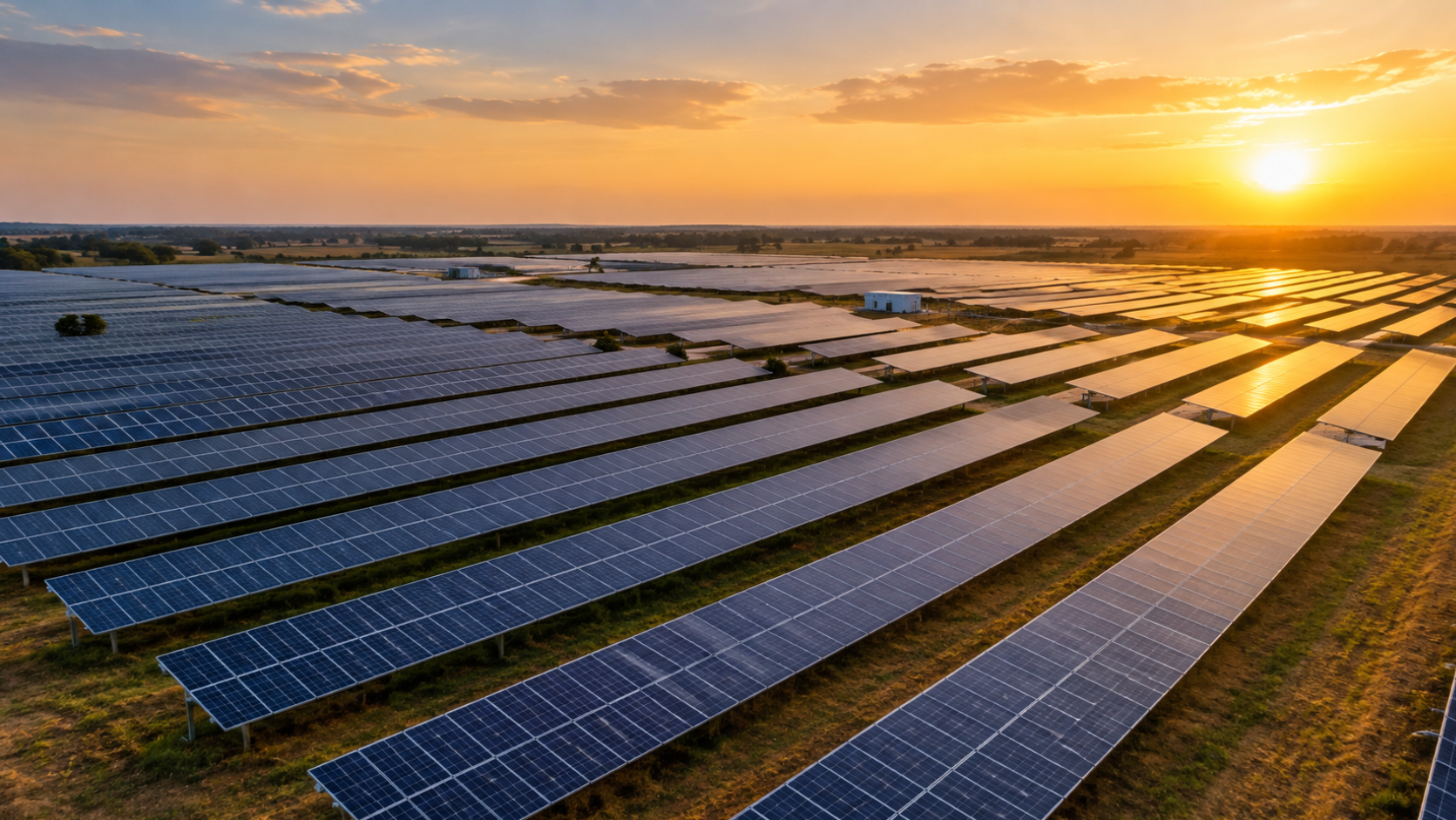 Utility-scale ground-mount solar farm with rows of panels