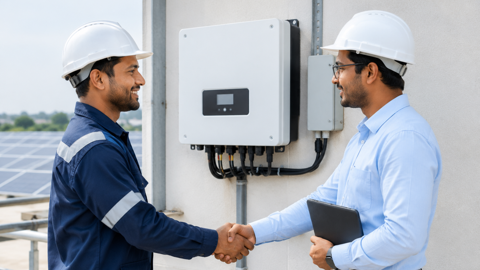 Technician and site engineer at a completed solar inverter installation