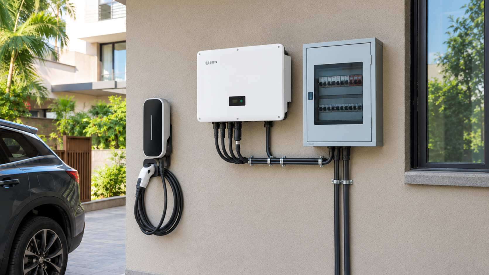 Mid-size Sineng inverter installed at a large home with an EV charger nearby